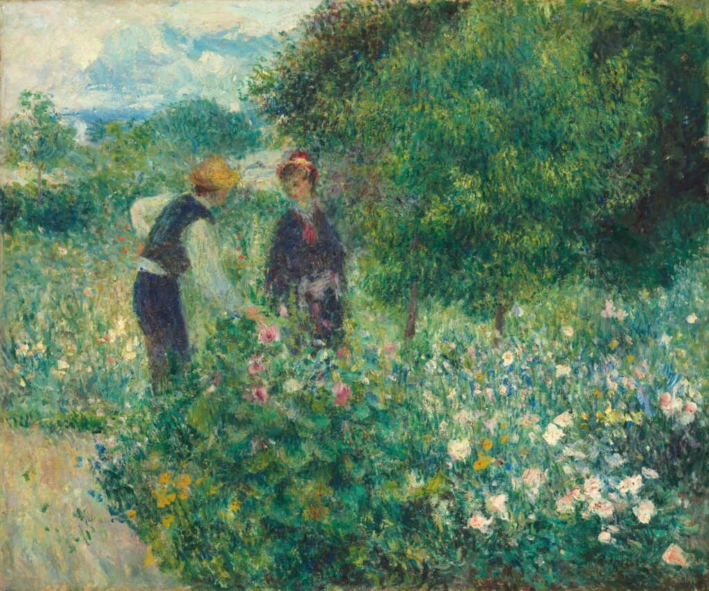 A painting of two people taking a stroll through a garden. The man is pointing towards a flower.