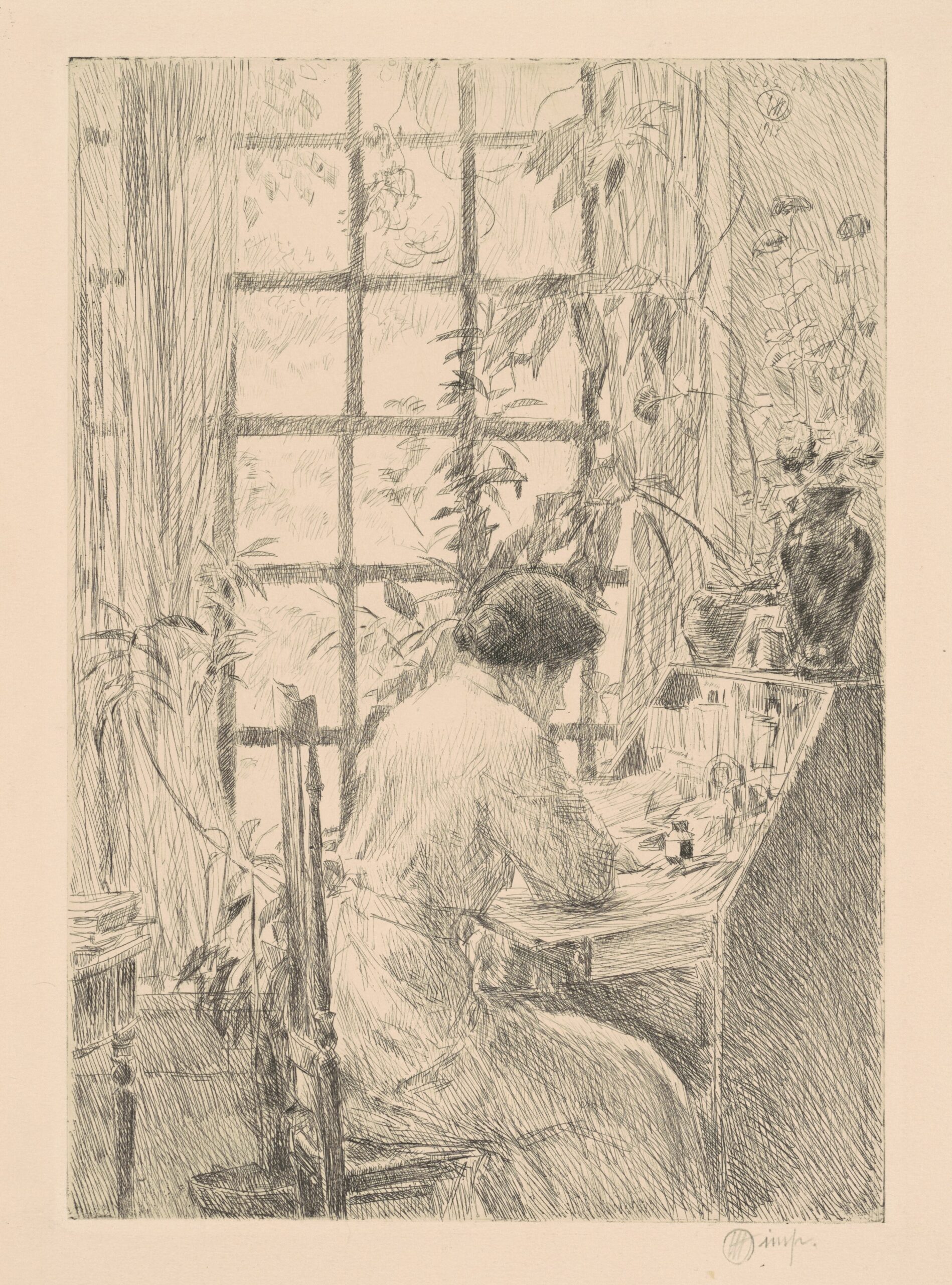 A drawing of a person writing at a desk, they are surrounded by plants in pots.